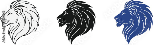 Three lion head illustrations showcase line art, silhouette, and blue variations for diverse branding and design applications.