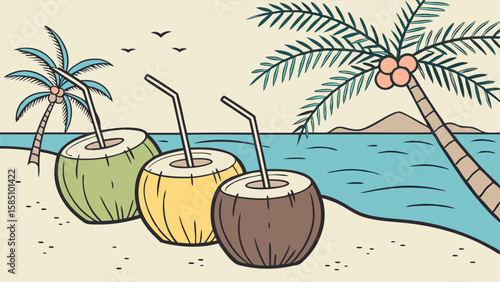 Three coconuts with straws on a sandy beach with palm trees and the ocean.