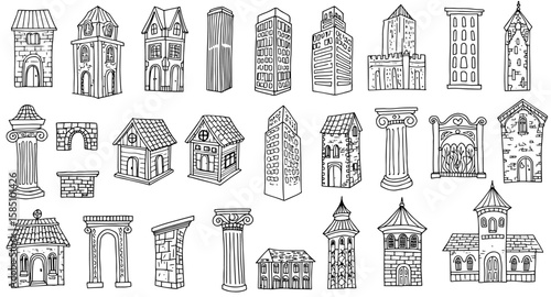 Doodle Buildings  Architecture Elements: Houses, Skyscrapers, Pillars, Arches Set