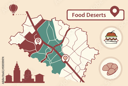 Illustration of a map depicting food deserts with markers, food icons, and a cityscape silhouette