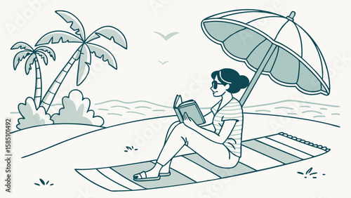 Woman reading under umbrella on beach with palm trees and ocean view.