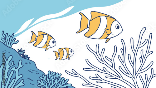Three orange and white striped fish swim among coral reefs in a vibrant underwater scene.