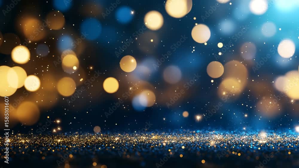 A magical abstract background features a sparkling golden foreground with scattered glittering dust and glowing bokeh lights against a deep blue and warm yellow gradient.
