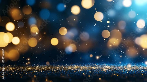 A magical abstract background features a sparkling golden foreground with scattered glittering dust and glowing bokeh lights against a deep blue and warm yellow gradient.