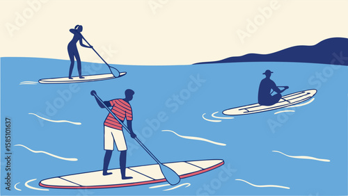 Three people paddleboarding and kayaking on a calm sea.