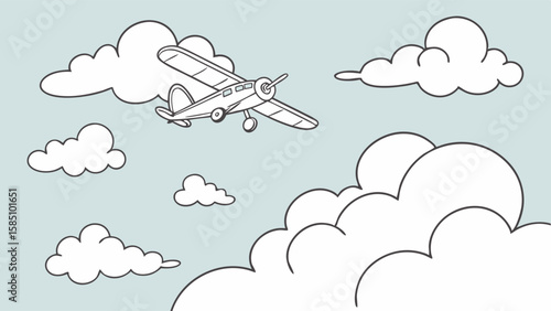 A cartoon outline drawing of a vintage propeller airplane flying through a light blue sky filled with fluffy white clouds.