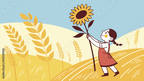 A young girl happily holding a large sunflower in a golden wheat field under a blue sky.