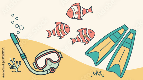 Cartoon illustration of snorkeling gear, clownfish, and coral on a sandy seabed.