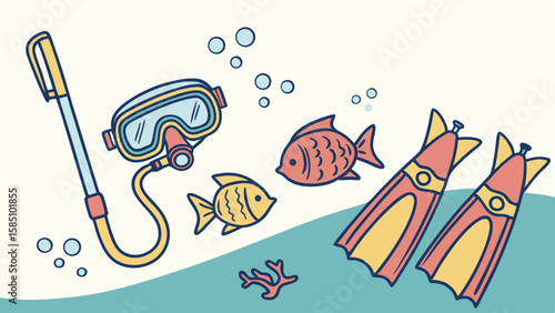 Diving equipment and underwater life illustration.