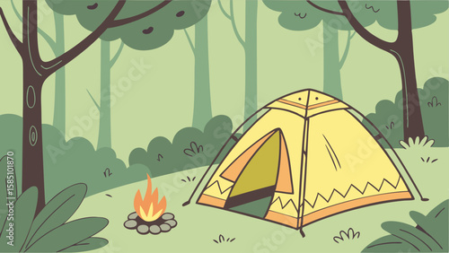 A cozy yellow tent is set up in a lush green forest next to a crackling campfire.