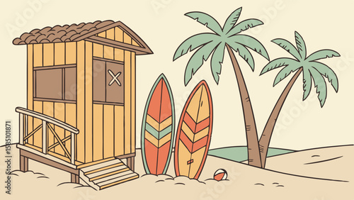 A charming wooden beach hut with two colorful surfboards leaning against it, next to two tall palm trees on a sandy tropical beach.