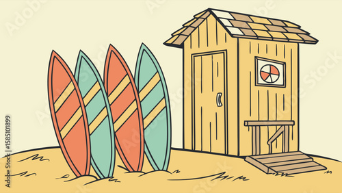 Surfboards leaning against a beach hut on the sand.