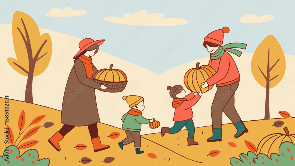 Fototapeta premium Family picking pumpkins in autumn, enjoying the fall season together.
