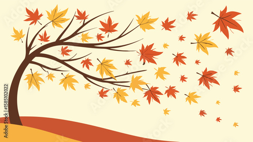 A stylized illustration of a tree with falling autumn leaves being blown by the wind.