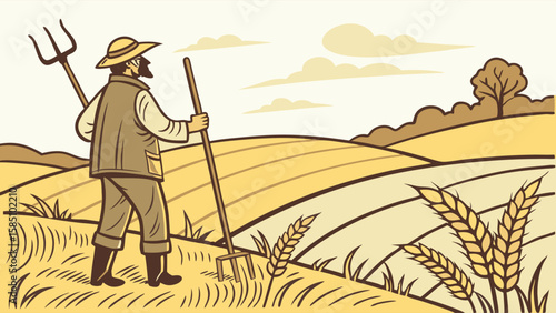 A farmer stands in a golden wheat field, overlooking a rolling landscape.