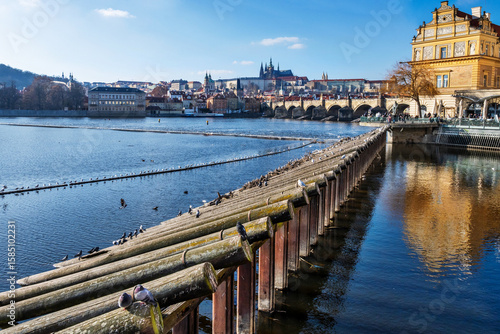Panorama of city Prague with river Vltava, Charles bridge, Prague castle, Novotneho Lavka.