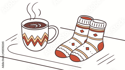 Cozy winter scene with hot drink and socks on a tray.