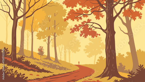 An autumn forest scene with a winding path, bathed in warm sunlight, inviting exploration.