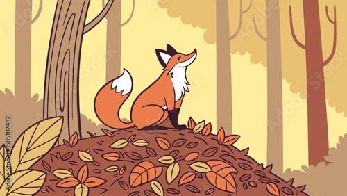 A charming cartoon fox sits proudly on a pile of fallen autumn leaves in a warm-toned forest.