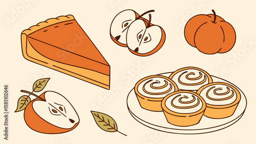 A collection of autumnal treats including a slice of pumpkin pie, sliced apples, a small pumpkin, and cinnamon rolls on a plate.