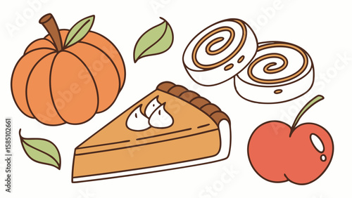 A festive assortment of autumnal treats including a pumpkin, a slice of pie, cinnamon rolls, and an apple.