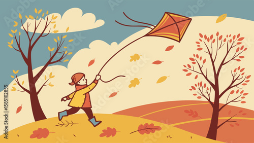 A child joyfully runs across a field, flying a kite on a breezy autumn day.