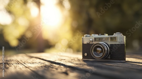 The vintage camera resting on a wooden table illuminated by soft sunlight