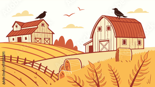 Autumn farm scene with two barns, hay bales, and crows.