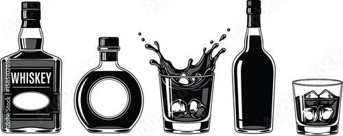 Whiskey bottles and glass with ice splashes in black and white offer a classic vintage drink design for bars or advertisement.