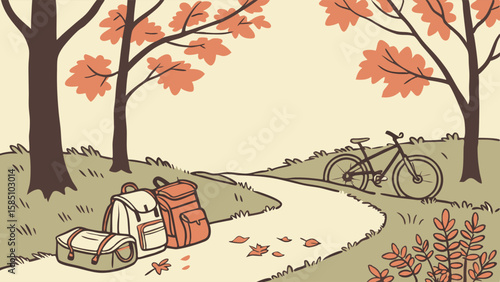 A scenic autumn path with backpacks and a bicycle, suggesting a journey or outdoor adventure.