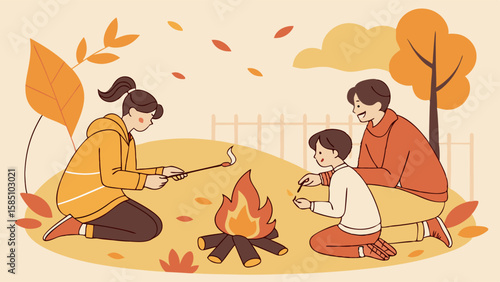 A family enjoys a cozy autumn evening, roasting marshmallows over a campfire in their backyard.
