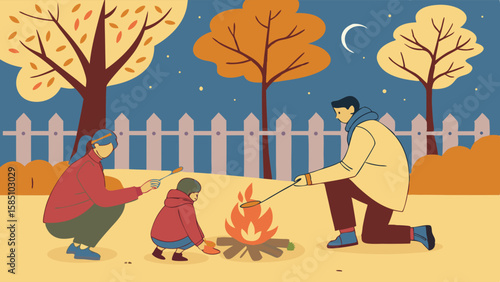 Family roasting marshmallows around a campfire under a starry night sky.
