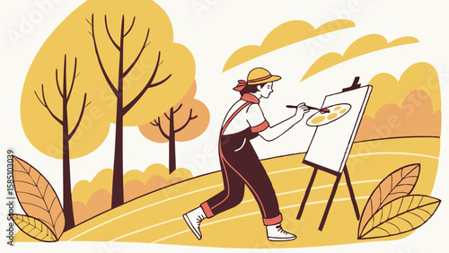 A person painting an autumn landscape outdoors.