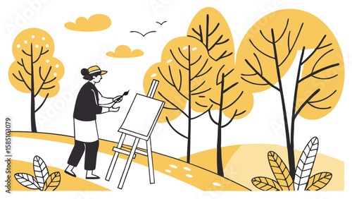 An artist painting on an easel outdoors in a park, surrounded by yellow autumn trees and nature in a flat illustration style.