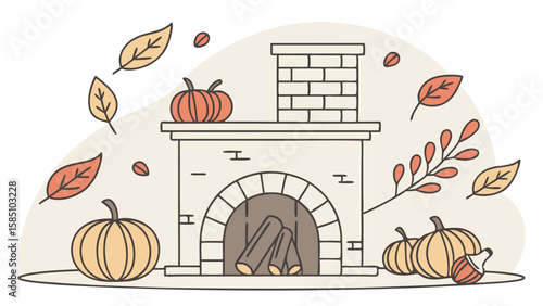 Autumn fireplace scene with pumpkins and leaves.