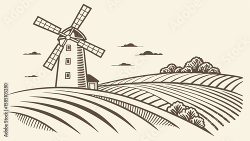 A vintage-style woodcut illustration of a traditional windmill in a rural landscape with rolling, plowed fields.