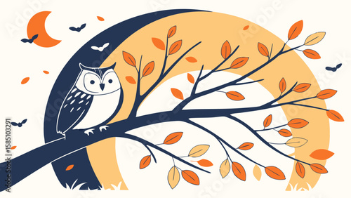 An owl perched on a tree branch with autumn leaves against a crescent moon and a large sun.