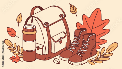 Autumn camping gear, including a backpack, hiking boots, and a thermos, surrounded by autumn leaves.