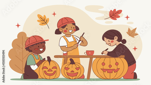 Three happy, diverse children carving jack-o'-lanterns together for Halloween in a charming autumn illustration.