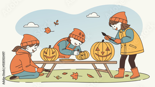 Three children in orange hats and jackets carving pumpkins on a wooden table outdoors during autumn.
