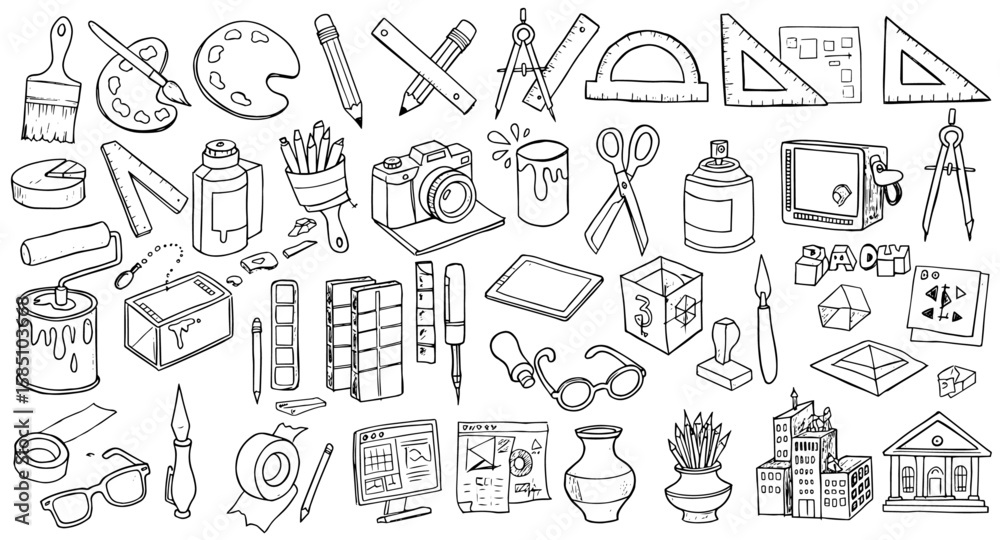 Fototapeta premium Comprehensive hand-drawn collection of art, design, and architecture tools and supplies
