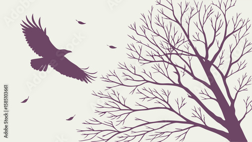 A silhouette of a bird of prey in flight near a bare tree with falling leaves.