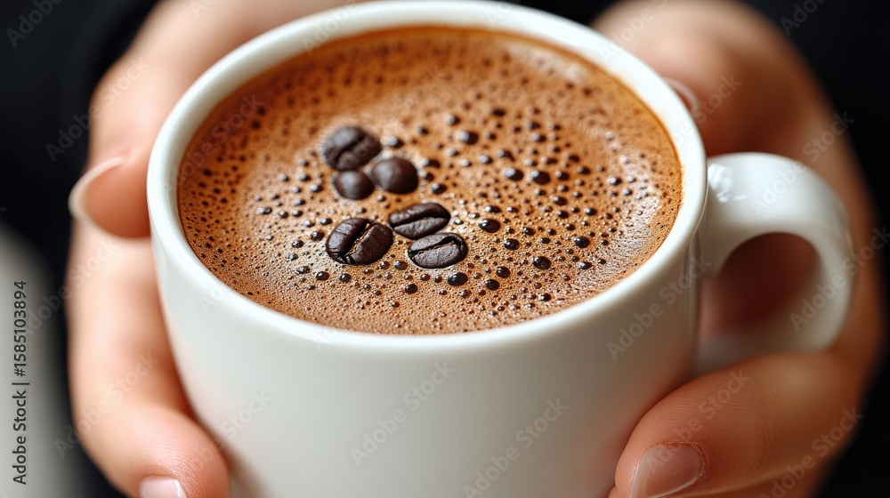 Fototapeta premium Close-up of a steaming coffee cup adorned with coffee beans held by hands