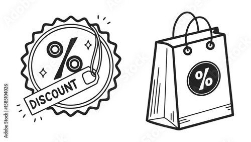 Illustration of a discount tag with a percentage sign and a shopping bag with a percentage sign on it too