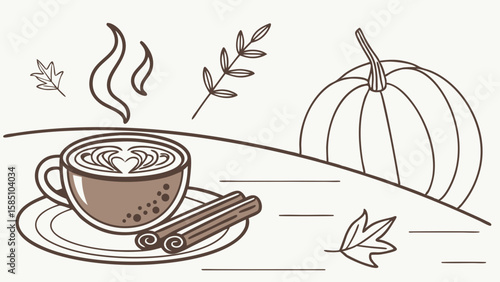Autumnal coffee scene with a steaming latte, cinnamon sticks, pumpkin, and falling leaves in a cozy, warm illustration style.