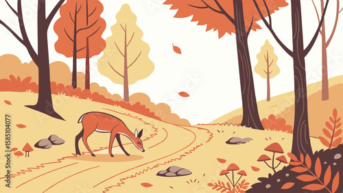Autumn scene with deer grazing in a forest clearing.