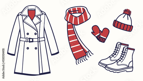 A collection of stylish winter clothing and accessories, including a trench coat, scarf, hat, mittens, and boots.
