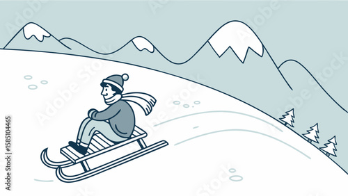 A person sledding down a snowy hill in a winter landscape with mountains.