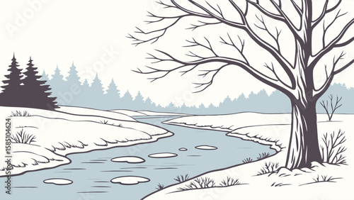 A tranquil winter scene illustration of a winding river through a snowy landscape with bare trees.