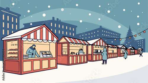 A charming winter scene depicting a bustling outdoor market with numerous stalls set up along a snow-covered street, under a gentle snowfall and festive string lights.